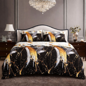 Black and Gold Feather Five Piece Bedsheet Set