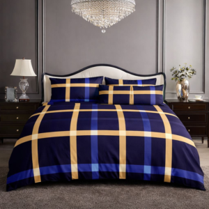 Navy and Gold Plaid Five Piece Bedsheet Set