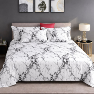 White Marble Print Bedsheet Set with Four Pillowcases